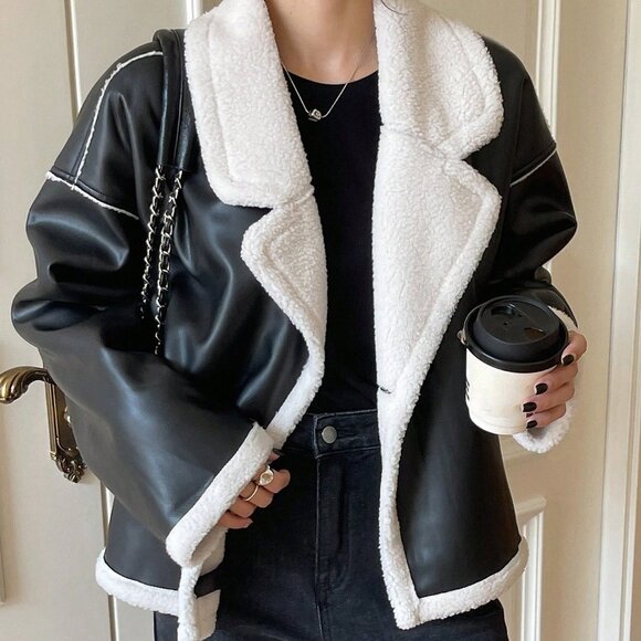 Black Casual Women's Faux Shearling Contrast Jacket